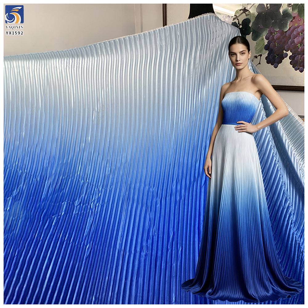 YX1592 Gradient Pleated Satin Fabric Ombre Shiny Polyester Textile for Women Dresses Gowns and Fashion Apparel