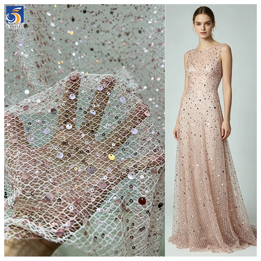 YX1581 Irregular Net Sparkling Sequin Pearl Beaded Embroidery Fabric for Women Evening Dresses and Fashion Apparel