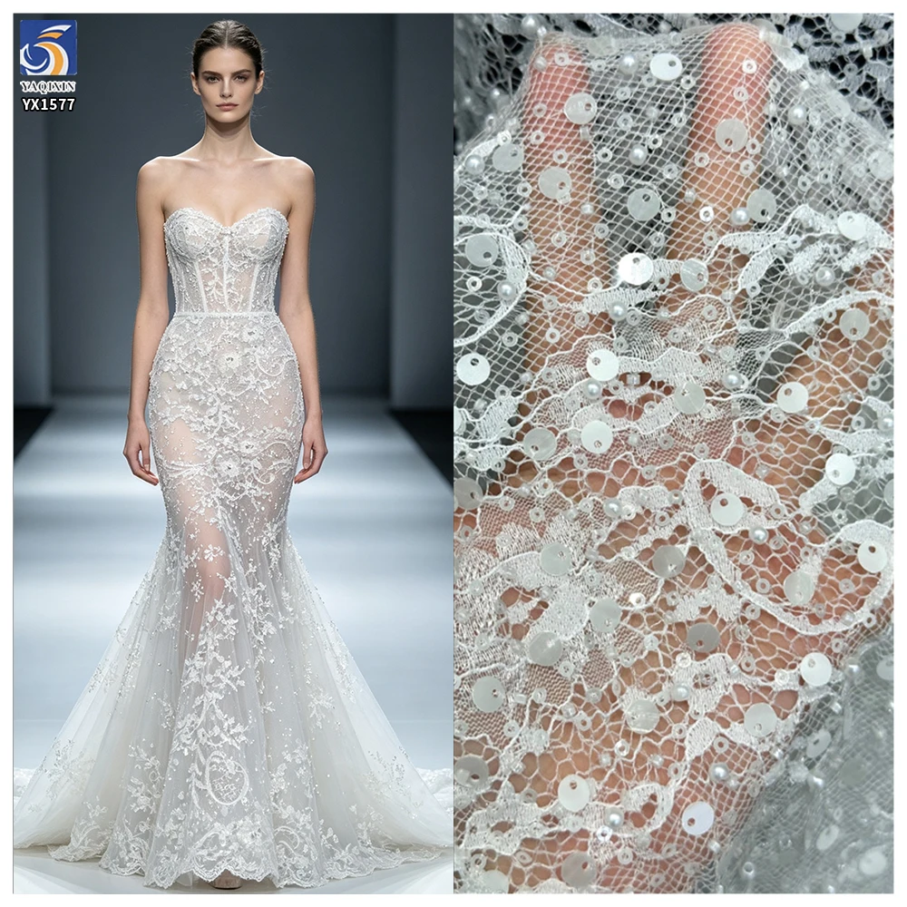 YX1577 Bubble Pearl Sequin Embroidered Lace Fabric for Wedding Gowns Dresses and Fashion Apparel