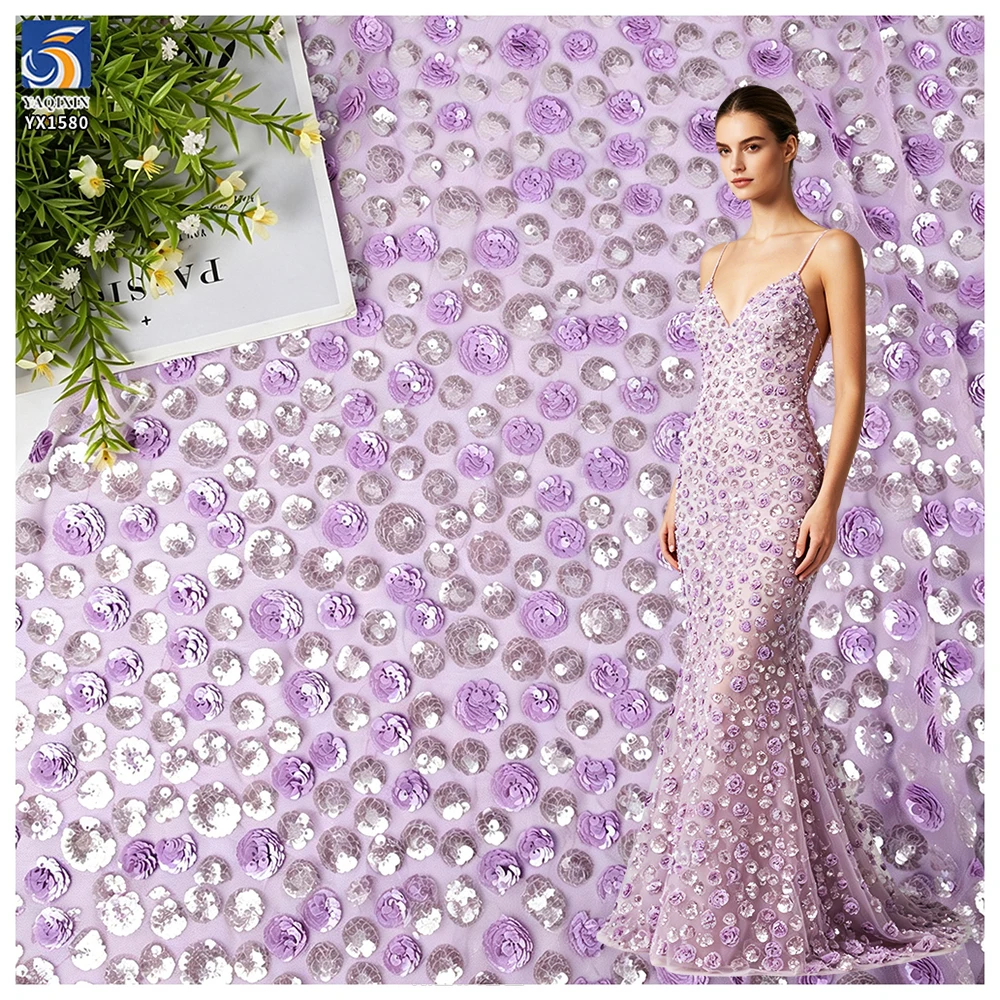 YX1580 Cost Effective Two Tone 3D Flower Sequin Embroidery Fabric for Evening Dresses Prom Gowns and Statement Fashion