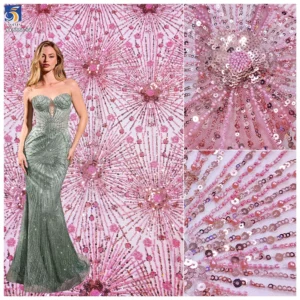 100% Polyester African Fabric for Wedding Dresses Embroidered Lace Mesh With Sequin Bead Tube Sequin Bead Wedding Dress...