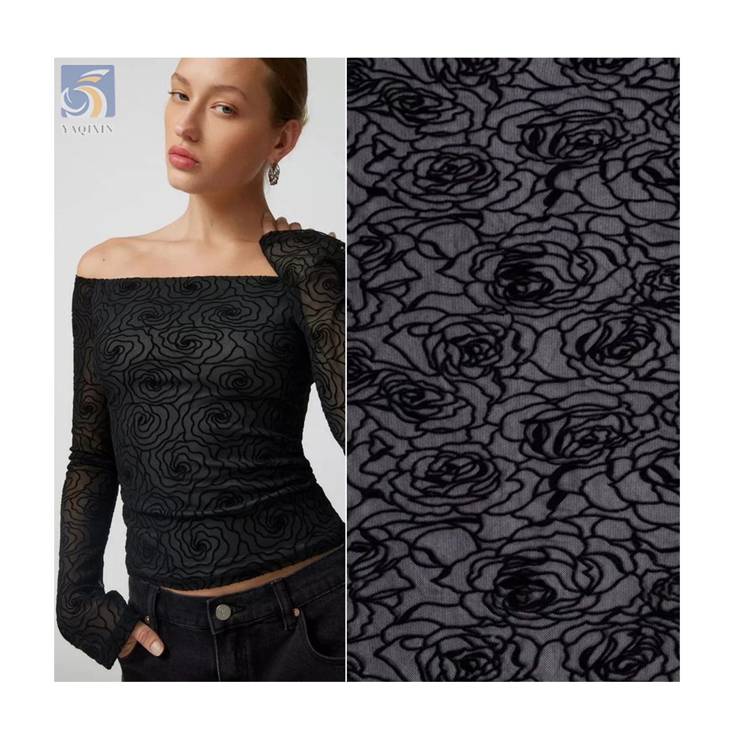 2024 Custom Design Pattern Flock Stretch Tulle Fabric Nylon Spandex Stretch Flocked Mesh Tulle Fabric for Dress - Spandex...