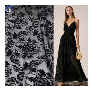 2024 Sexy Lingerie Custom Black Flocking Pattern Mesh Fabric 4-Way Stretch Power Mesh Fabric with Flocked - 100% Polyester...