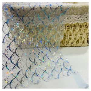 2025 Novel Tulle Rainbow Print Tulle Mesh Fabric Shiny Colored Fish Scale Design Romantic Fancy Tulle Fabric - 100%...