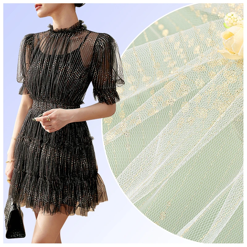 2026 Latest Tulle Mesh Fabric for Wedding Bridal Foil Printing Dot Golden Glitter Flash 100 Polyester Tulle Fabric - 100%...