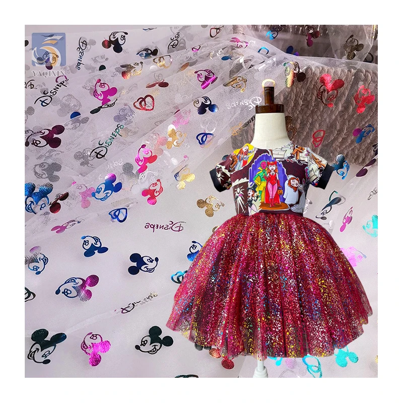 American Amusement Park Design Fabric Polyester Colorful Foil Printed Mickey Mouse Tulle Fabric for Girl Skirt - 100%...