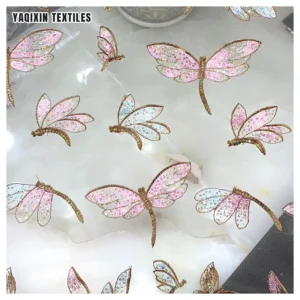 Beautiful Dragonfly Pattern Sequin Tulle Embroidery Fabric Dress 100% Polyester Mesh Sequins French Lace Fabric - 100%...