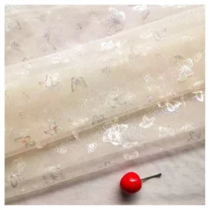 Beige Transparent Polyester Tulle Fabric Textile Printed Multicolor Butterfly Mesh Tulle Fabric - 100% Polyester, 30 gsm...