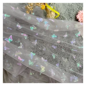 Beige Transparent Polyester Tulle Fabric Textile Printed Multicolor Butterfly Mesh Tulle Fabric - 100% Polyester, 30 gsm...