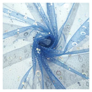 Blue Polyester Tulle Mesh Fabric Round Metal Sequin Mesh Tulle Sequin Fabric - 100% Polyester, 40 gsm, 142 CM, Mesh, Knitted...