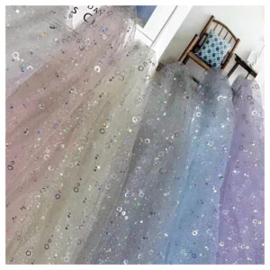 Blue Polyester Tulle Mesh Fabric Round Metal Sequin Mesh Tulle Sequin Fabric - 100% Polyester, 40 gsm, 142 CM, Mesh, Knitted...