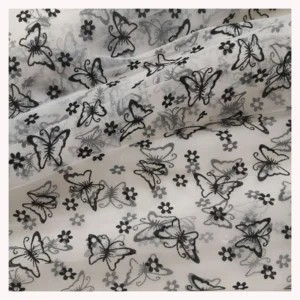 Butterfly Flower Flocking Printed Voile Tulle Fabric Black Velvet Flocked Mesh Lace Fabric for Women Dress - 100% Polyester...