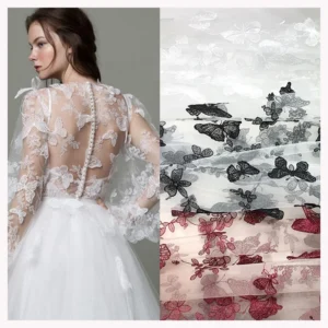 CXT004 Fashion 3D Butterfly Floral Embroidered Tulle Lace Fabric Bridal Gowns Dress Fabric - 100% Polyester, Mesh Fabric, 3D...
