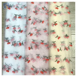 Cheap Competitive Wholesale Price Embroidery Lace Fabric Red Cherry Embroidery Tulle Mesh Fabric for Children - 100%...