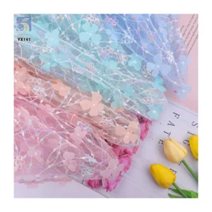 Cheap Embroidery Tulle New 3D Flower Lace Fabric Soft 3D Tulle Lace Flower Mesh Laser Embroidered Fabric - 100% Polyester...