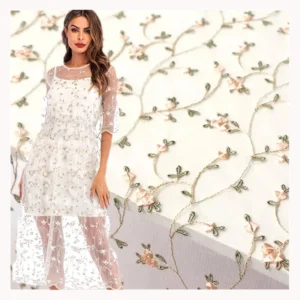China Custom Embroidered Tulle Fabric Mesh Floral Embroidery Net Lace Fabric - 100% Polyester, 30 gsm, 140 CM, Mesh, Knitted...