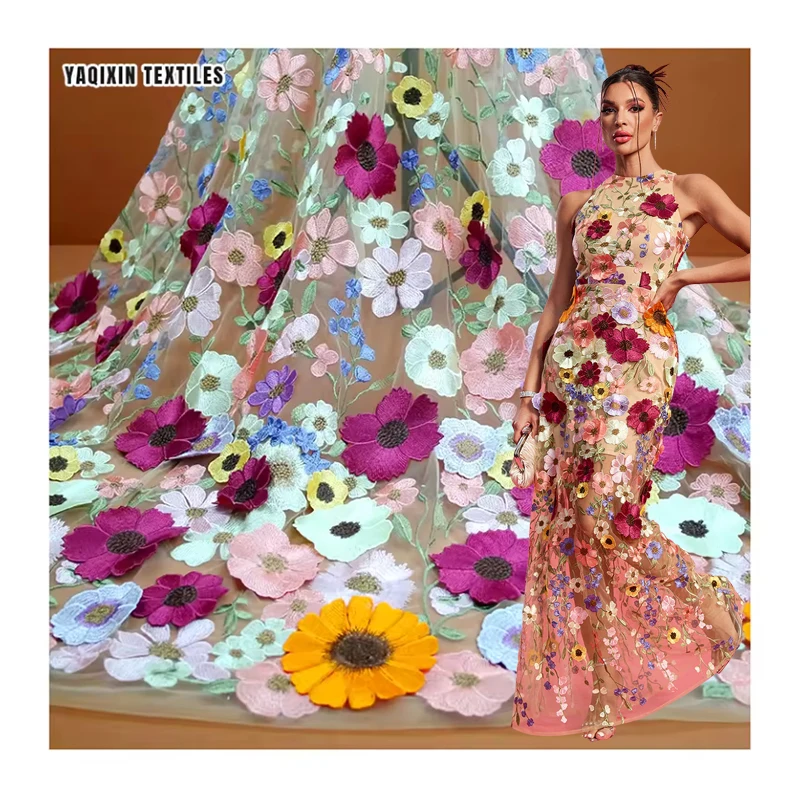 China Manufacturer High-End Handmade Embroidery Lace Fabric French Colorful Flower Material Mesh Lace Fabric - 100%...