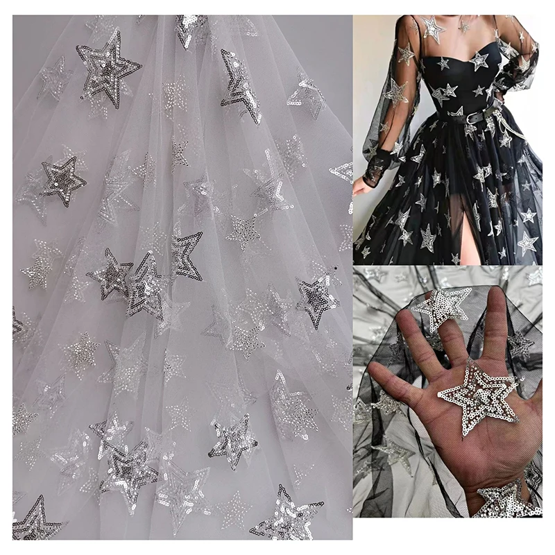 Classic Custom Black/White Tulle Silver Stars Sequins Net Fabrics - Polyester, Metallic, 60 gsm, 150 CM, Fabric, Knitted...