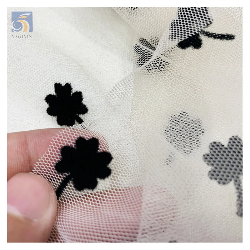 Competitive Price Flock Tulle Net Fabric Dress Model Latest Black French Small Floral Flocked Tulle Mesh Lace Fabric - Mesh...