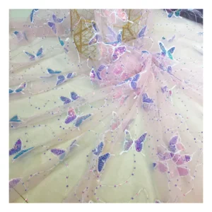 DX08 Custom Polyester Soft Tulle Mesh Butterfly Fabric Dress Embroidery Shiny Sequin Butterfly Tulle Netting Fabric - 100%...
