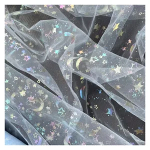 DX130 2024 New Iridescent Stars and Moon on Black Textured Tulle - 100% Polyester, 30 gsm, 57, 58", Mesh, Knitted - Yaqixin...