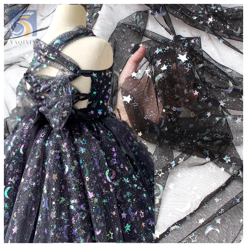 DX130 2024 New Iridescent Stars and Moon on Black Textured Tulle - 100% Polyester, 30 gsm, 57, 58", Mesh, Knitted - Yaqixin...