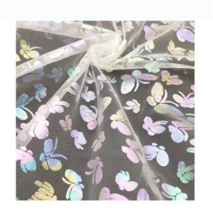 DX132 Stock Cartoon Butterfly Pattern Colorful Foil Print Bronzing Tulle Mesh Fabric Wholesale - 100% Polyester, 30 gsm, 57...