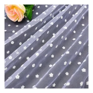 DX158 Hot White Soft Small Floral Flocked Tulle Mesh Fabric Nylon Tulle for Dress - 100% Polyester, 60 gsm, 142 CM, Mesh...