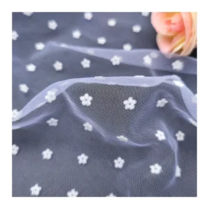 DX158 Hot White Soft Small Floral Flocked Tulle Mesh Fabric Nylon Tulle for Dress - 100% Polyester, 60 gsm, 142 CM, Mesh...