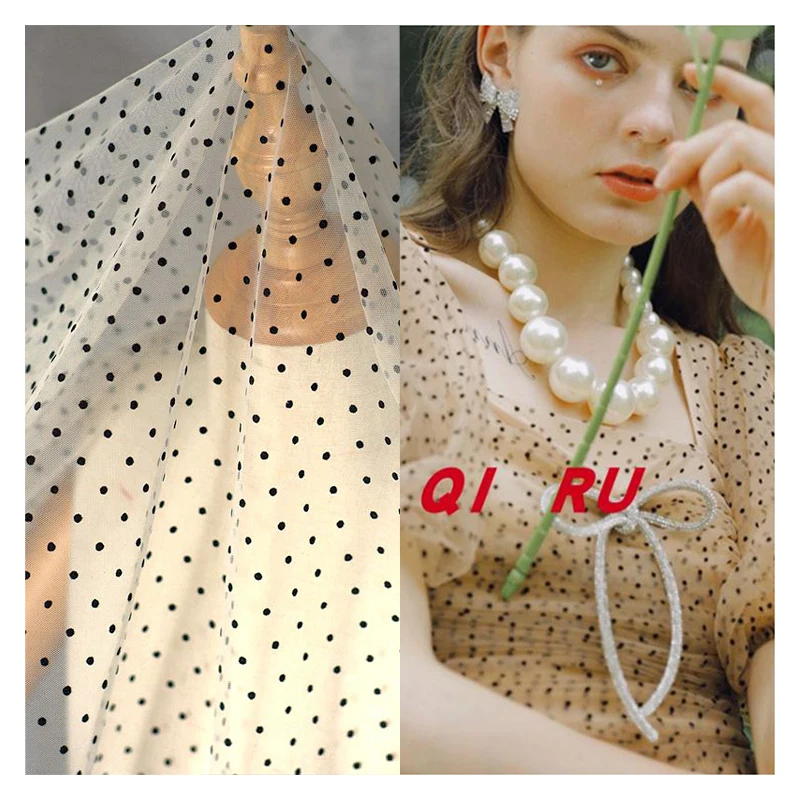 DX161 Flocked Mesh Polka Dot Tulle Lace Net Fabric for Making Wedding Dress - 100% Polyester, 30 gsm, 150 CM, Mesh, Knitted...