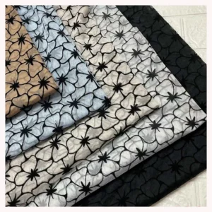 DX163 Fashionable Floral 100% Polyester Black Flocked Tulle Mesh Fabric With Flocking Velvet - 100% Polyester, 15 gsm, 155...