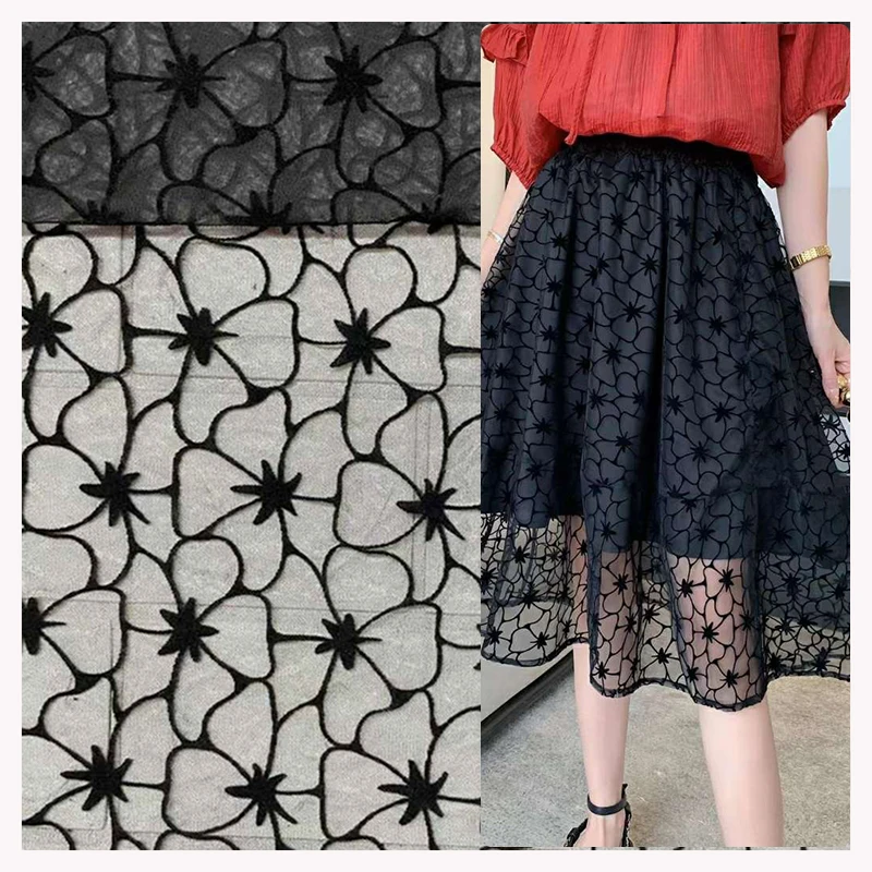 DX163 Fashionable Floral 100% Polyester Black Flocked Tulle Mesh Fabric With Flocking Velvet - 100% Polyester, 15 gsm, 155...