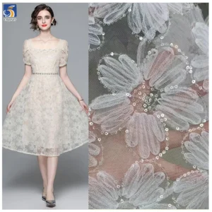 DX54-1 High Quality White Embroidery Mesh Fabric 3D Flower Lace Fabric With Sequins for Bridal Dress - 100% Polyester, 100G...