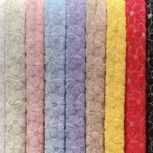 DX54-1 High Quality White Embroidery Mesh Fabric 3D Flower Lace Fabric With Sequins for Bridal Dress - 100% Polyester, 100G...