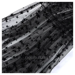 Deep Black Soft Tulle Mesh Fabric with Star Flocking Print for Women Dress Lining Fabric - Mesh Fabric, 100% Polyester, 60G...