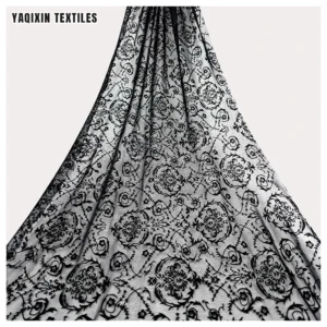 Designer New Custom 4 Way Stretch Clothing 95 Polyester 5 Spandex Flocked Mesh Fabric in Black - 100% Polyester, 90 gsm, 155...