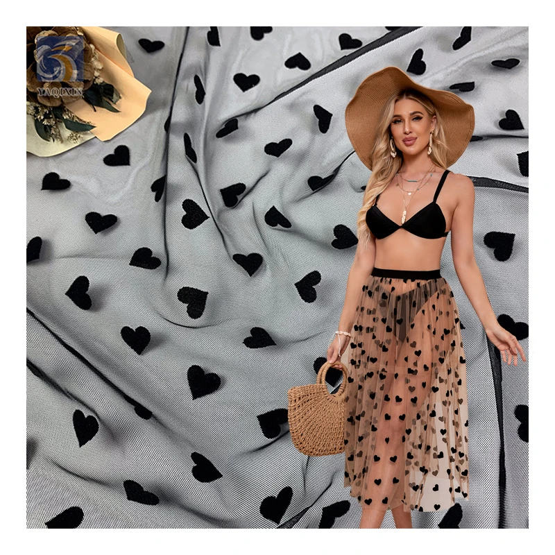 Factory Low Price Wholesale Price Tulle Fabric Heart Flocked Mesh Bra Tulle Fabric Novel Tulle 5 Yards - 100% Polyester, 60...