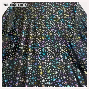 Fluorescent Hot Film 2026 New Arrival Pattern Heart Star Print Fabric Black Soft Polyester Tulle Fabric Roll 50 Yards Moq...