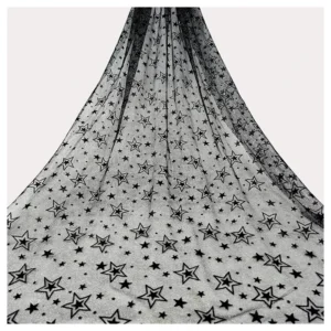 Free Samples Black Star Flocking Tulle Mesh Lace Fabric Glitter Polyester Material with Pattern Design for Girls' Garments...