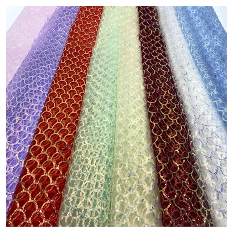 Girls Dancewear Color Shiny Metallic Sequins Fish Scale Mermaid Fabric Polyester Glitter Sequin Embroidery Mesh Tulle Fabric...