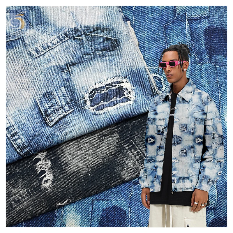 Guangzhou Denim Fabric Manufacturer Custom 100% Cotton Jacquard Printed Denim Fabric for Jacket 280gsm - 100% Cotton, 280...