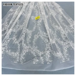Guangzhou Manufacturer Design Custom Luxurious Pure White Wedding Laces Fabrics Polyester Tulle Bridal Glitter Lace Fabric...