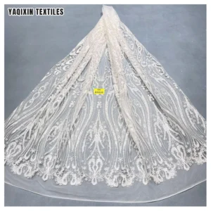 Guangzhou Manufacturer Design Custom Luxurious Pure White Wedding Laces Fabrics Polyester Tulle Bridal Glitter Lace Fabric...