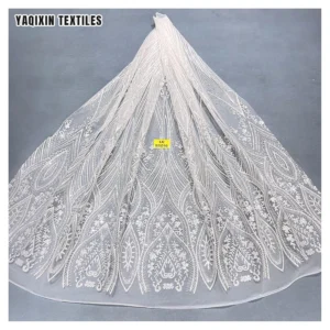Guangzhou Manufacturer Design Custom Luxurious Pure White Wedding Laces Fabrics Polyester Tulle Bridal Glitter Lace Fabric...