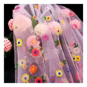 Hot Colorful 3D Floral Tulle Mesh Embroidered Fabric Lace Woman Dress Fabric Summer - 100% Polyester, 145 gsm, 145 CM, Tulle...