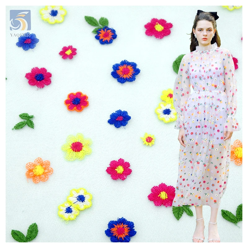 Hot Colorful 3D Floral Tulle Mesh Embroidered Fabric Lace Woman Dress Fabric Summer - 100% Polyester, 145 gsm, 145 CM, Tulle...
