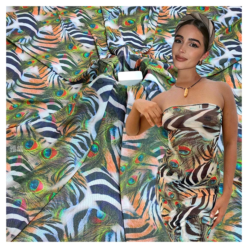Hot Sales Four-Way Stretch Poly Spandex Power Mesh Fabric African Nigerian Digital Printed Animal Peacock Zebra Fabric...
