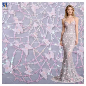 Hot Selling 3D Butterfly Embroidery Lace Fabric with Sequins Sheer Tulle Embroidered Fabric for Wedding Gown & Dresses...