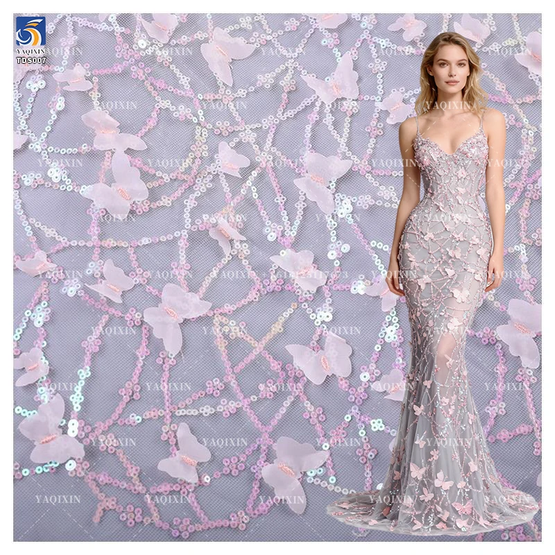 Hot Selling 3D Butterfly Embroidery Lace Fabric with Sequins Sheer Tulle Embroidered Fabric for Wedding Gown & Dresses...