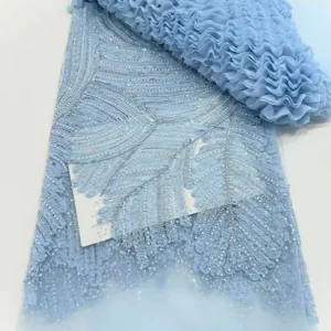 Hot Selling Elegant Sky Blue Mesh 3D Pleated Lace Fabric Handmade Beads French Lace Sequins Fabric for Wedding Party...